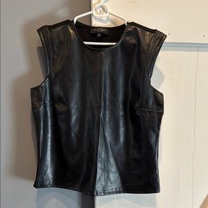Laundry- Black Faux Leather Sleeveless Top, Combo fabric. Rayon/Nylon back. Med